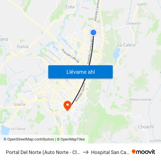 Portal Del Norte (Auto Norte - Cl 174a) to Hospital San Carlos map