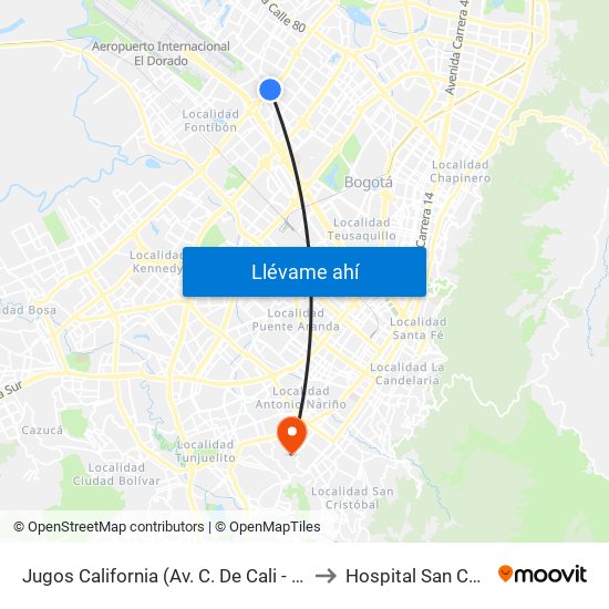 Jugos California (Av. C. De Cali - Ac 63) to Hospital San Carlos map