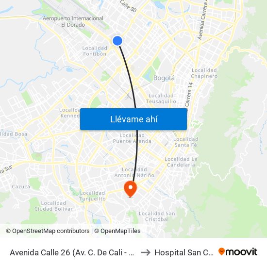 Avenida Calle 26 (Av. C. De Cali - Cl 51) (A) to Hospital San Carlos map