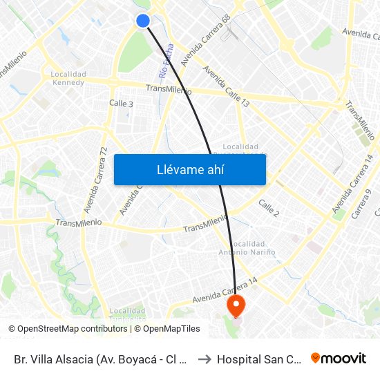 Br. Villa Alsacia (Av. Boyacá - Cl 12a) (A) to Hospital San Carlos map