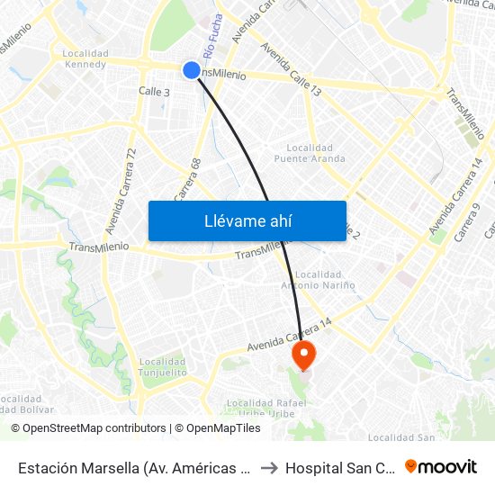 Estación Marsella (Av. Américas - Kr 69b) to Hospital San Carlos map