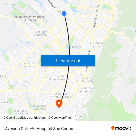 Avenida Cali to Hospital San Carlos map