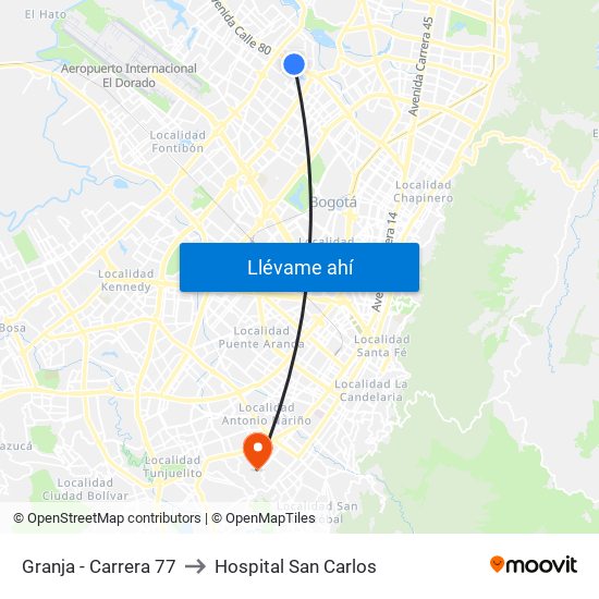 Granja - Carrera 77 to Hospital San Carlos map