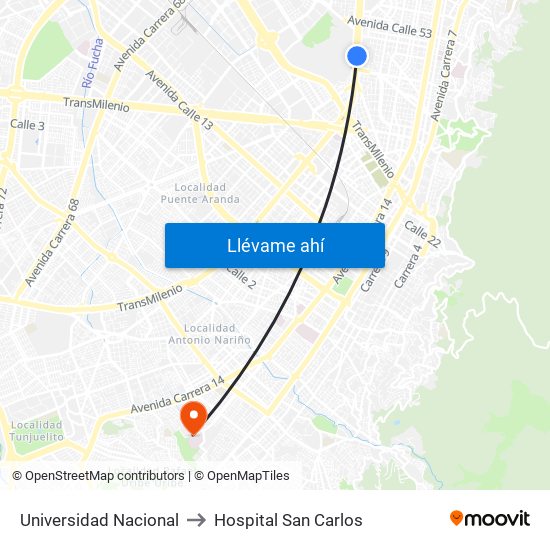 Universidad Nacional to Hospital San Carlos map