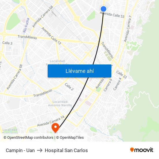 Campín - Uan to Hospital San Carlos map