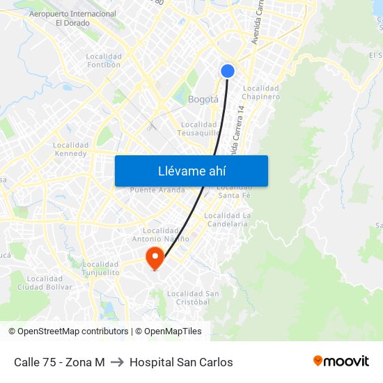 Calle 75 - Zona M to Hospital San Carlos map
