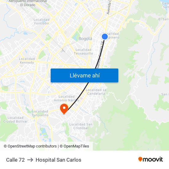 Calle 72 to Hospital San Carlos map