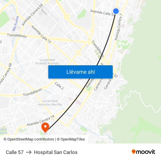 Calle 57 to Hospital San Carlos map