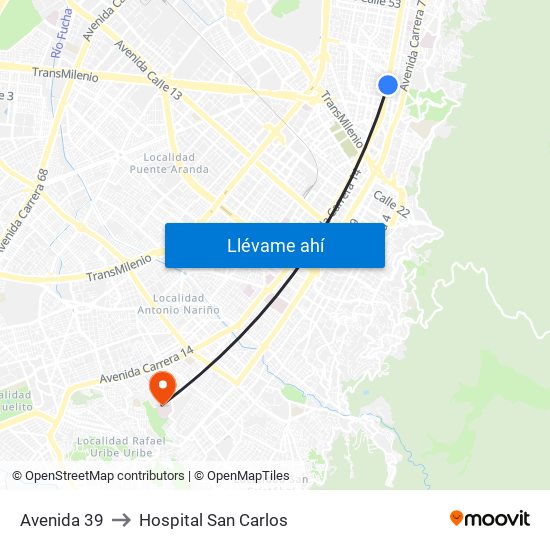 Avenida 39 to Hospital San Carlos map
