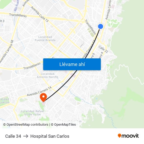 Calle 34 to Hospital San Carlos map