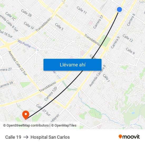 Calle 19 to Hospital San Carlos map