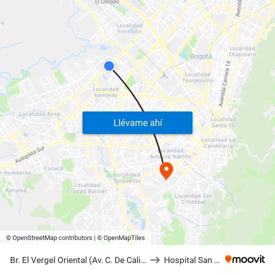 Br. El Vergel Oriental (Av. C. De Cali - Cl 10b) (A) to Hospital San Carlos map