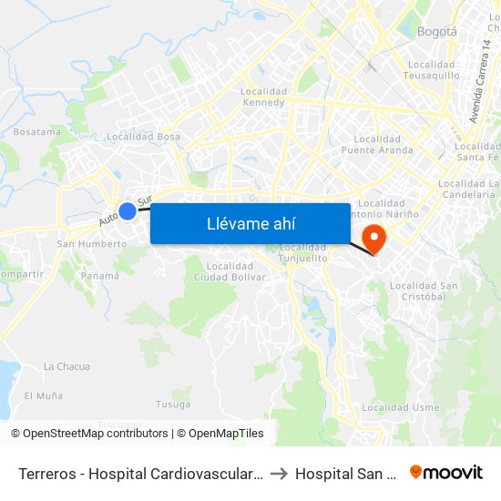 Terreros - Hospital Cardiovascular (Lado Sur) to Hospital San Carlos map