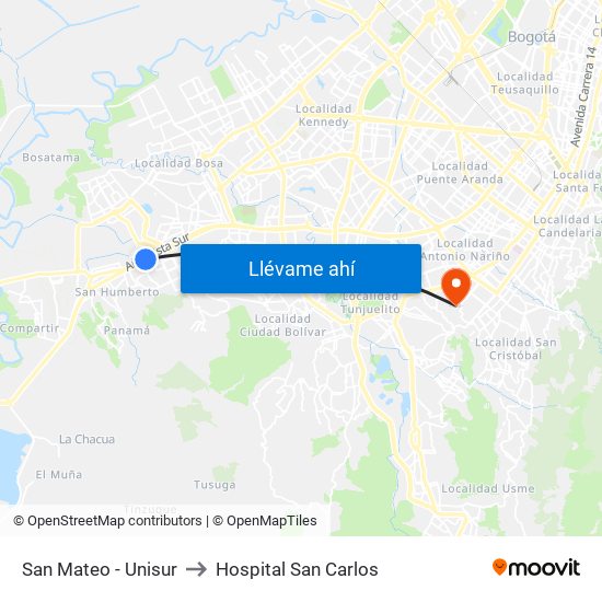 San Mateo - Unisur to Hospital San Carlos map