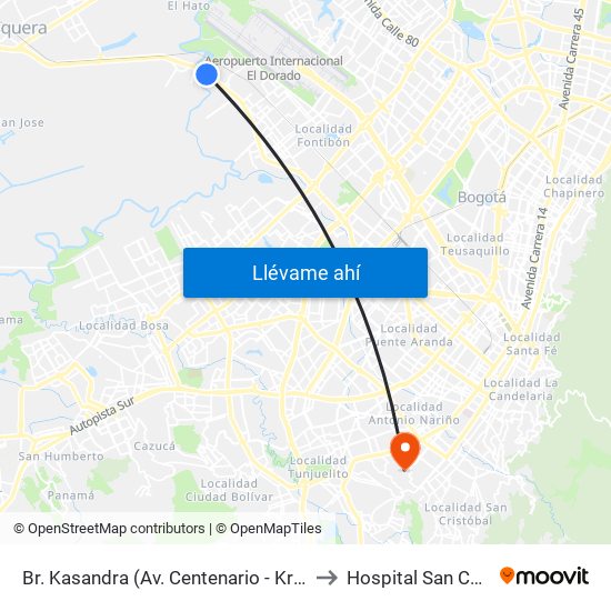 Br. Kasandra (Av. Centenario - Kr 134a) to Hospital San Carlos map