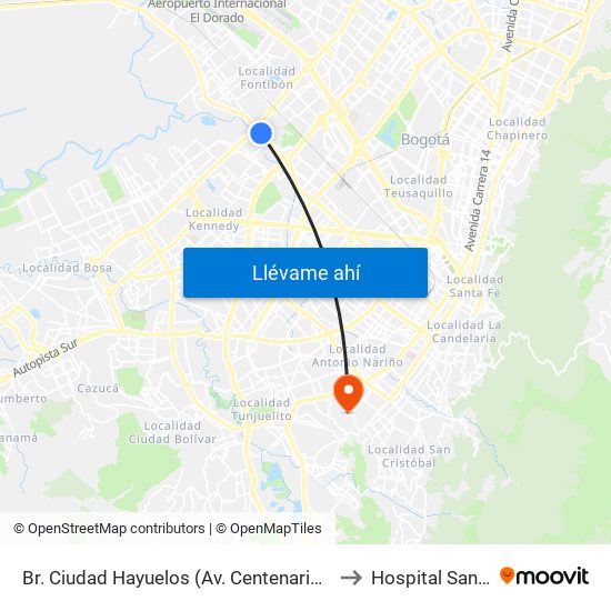 Br. Ciudad Hayuelos (Av. Centenario - Av. C. De Cali) to Hospital San Carlos map