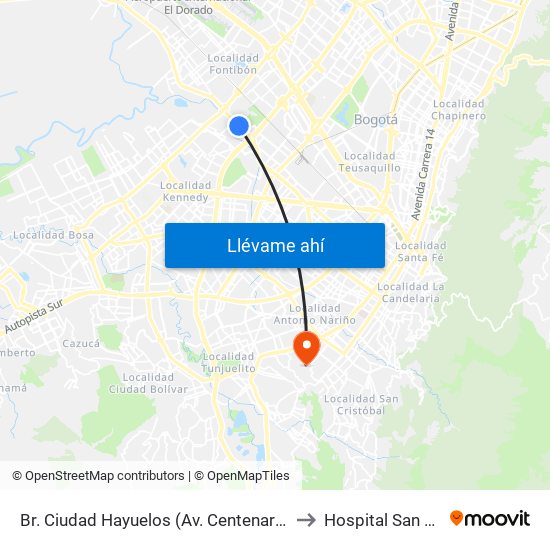 Br. Ciudad Hayuelos (Av. Centenario - Kr 78g) to Hospital San Carlos map