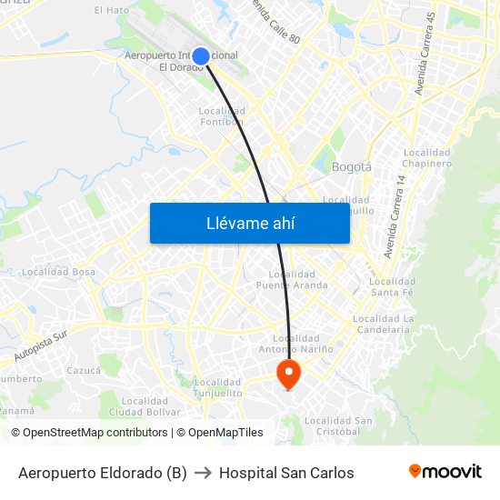 Aeropuerto Eldorado (B) to Hospital San Carlos map