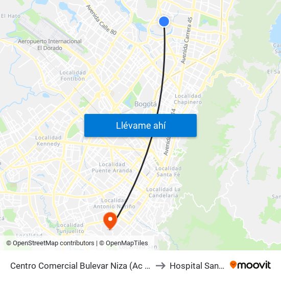 Centro Comercial Bulevar Niza (Ac 127 - Av. Suba) to Hospital San Carlos map