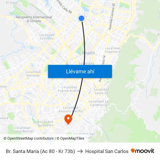Br. Santa María (Ac 80 - Kr 73b) to Hospital San Carlos map