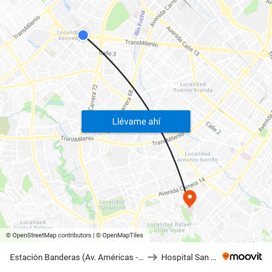 Estación Banderas (Av. Américas - Kr 78a) (A) to Hospital San Carlos map