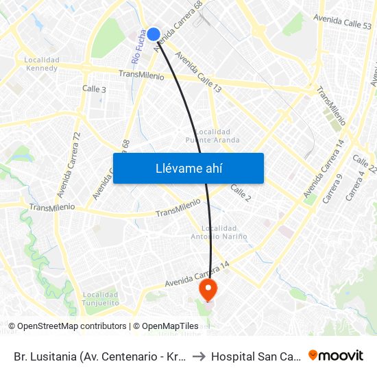 Br. Lusitania (Av. Centenario - Kr 68b) to Hospital San Carlos map