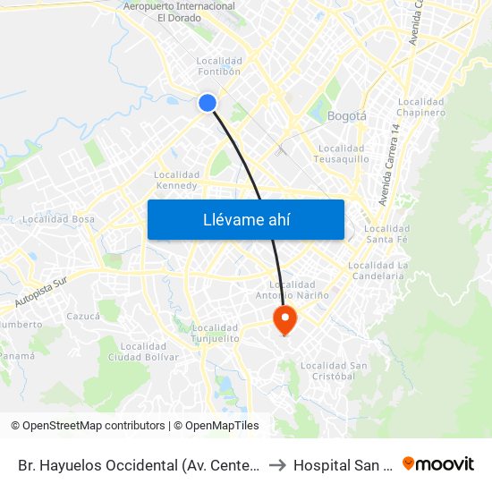 Br. Hayuelos Occidental (Av. Centenario - Kr 87) to Hospital San Carlos map