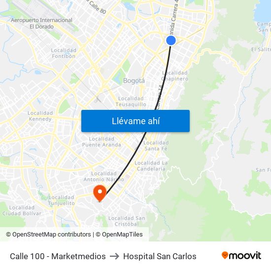 Calle 100 - Marketmedios to Hospital San Carlos map