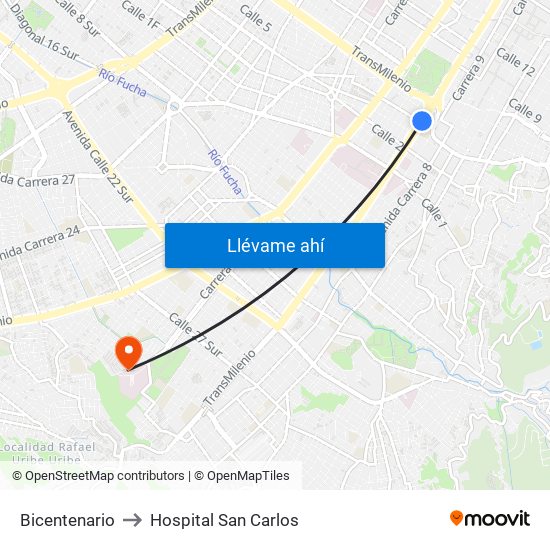 Bicentenario to Hospital San Carlos map