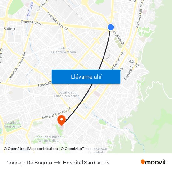 Concejo De Bogotá to Hospital San Carlos map