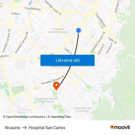 Ricaurte to Hospital San Carlos map