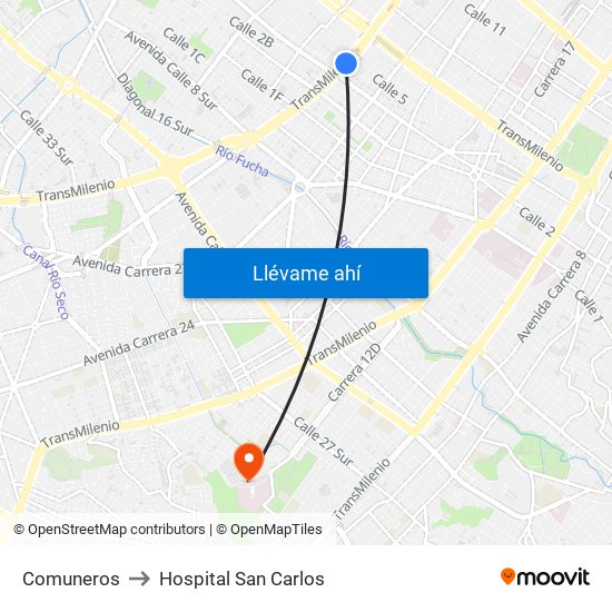 Comuneros to Hospital San Carlos map