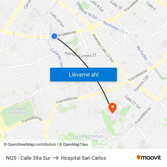 NQS - Calle 38a Sur to Hospital San Carlos map