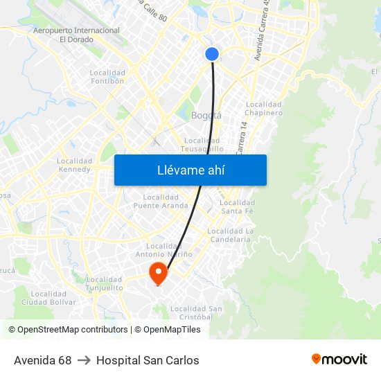 Avenida 68 to Hospital San Carlos map