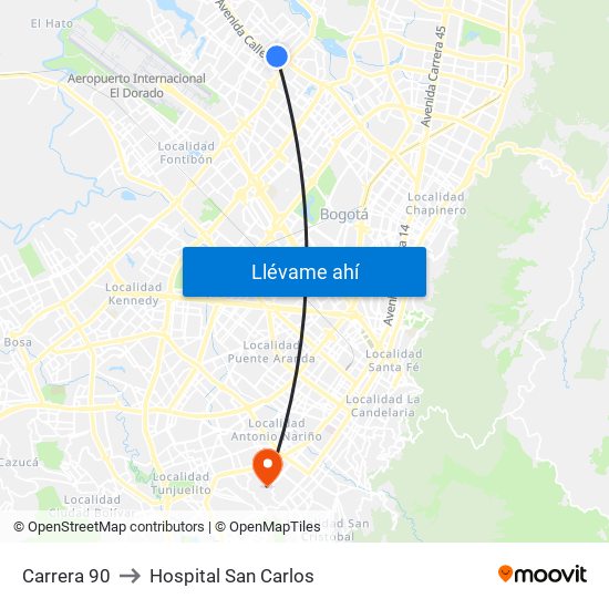 Carrera 90 to Hospital San Carlos map