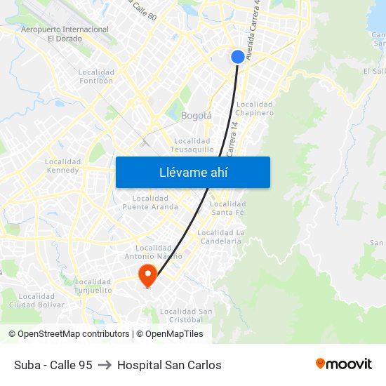 Suba - Calle 95 to Hospital San Carlos map