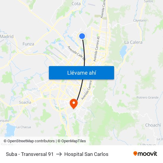 Suba - Transversal 91 to Hospital San Carlos map