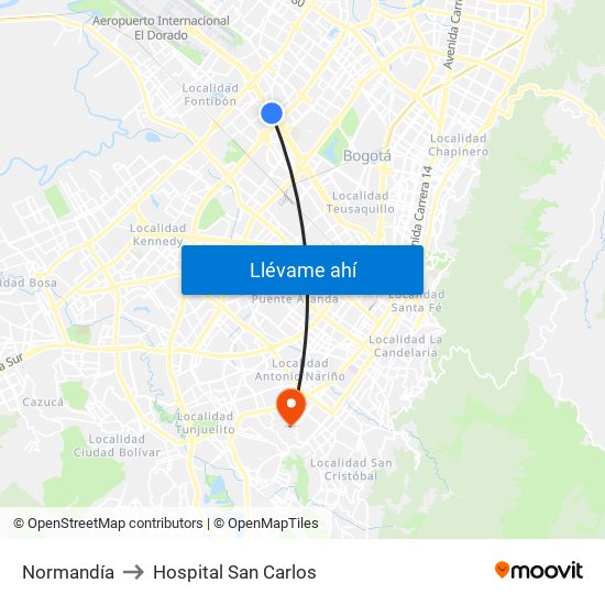 Normandía to Hospital San Carlos map