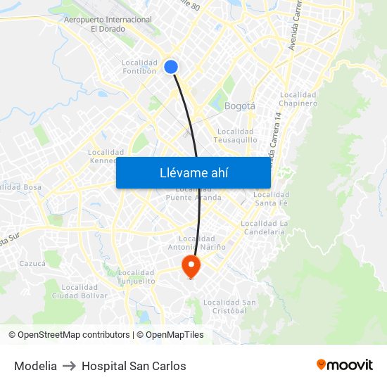 Modelia to Hospital San Carlos map