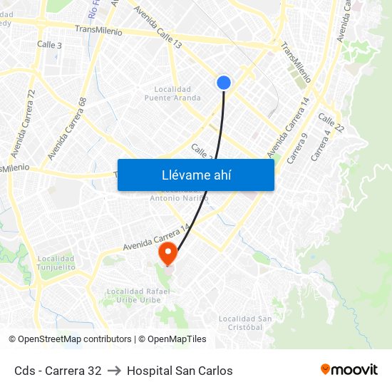 Cds - Carrera 32 to Hospital San Carlos map