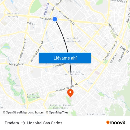 Pradera to Hospital San Carlos map