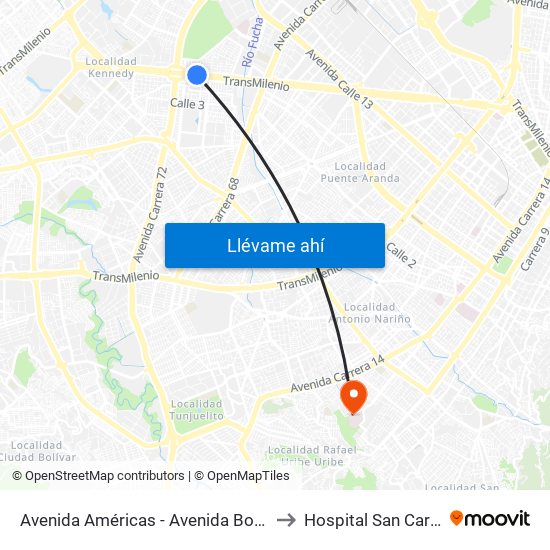 Avenida Américas - Avenida Boyacá to Hospital San Carlos map