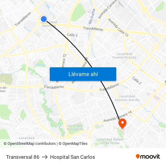 Transversal 86 to Hospital San Carlos map