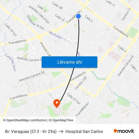 Br. Veraguas (Cl 3 - Kr 29a) to Hospital San Carlos map