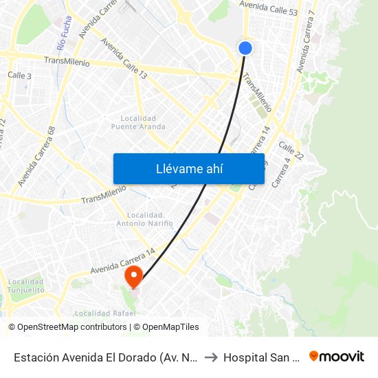 Estación Avenida El Dorado (Av. NQS - Cl 40a) to Hospital San Carlos map