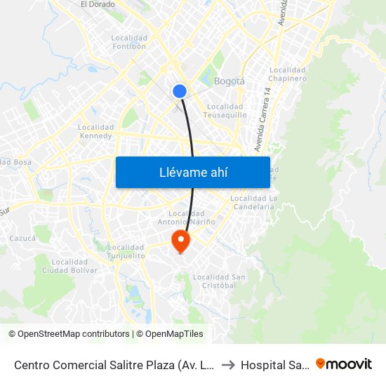 Centro Comercial Salitre Plaza (Av. La Esperanza - Kr 68a) to Hospital San Carlos map