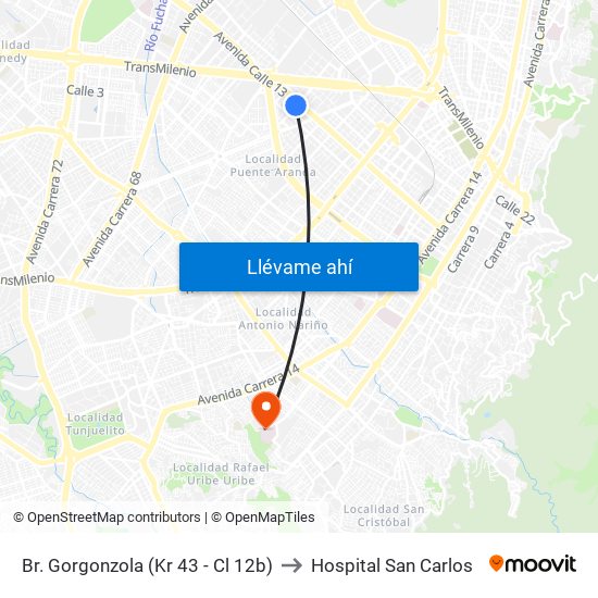 Br. Gorgonzola (Kr 43 - Cl 12b) to Hospital San Carlos map