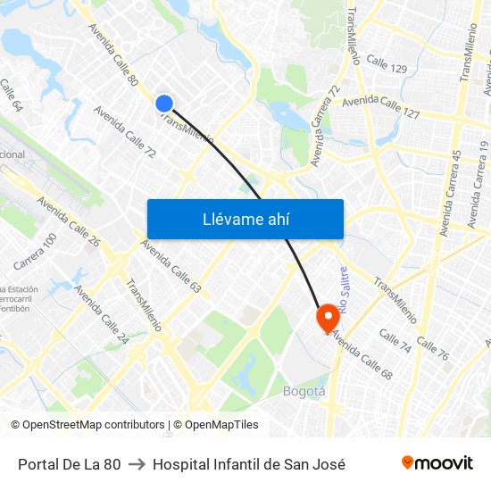 Portal De La 80 to Hospital Infantil de San José map