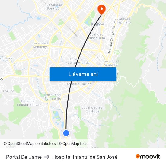 Portal De Usme to Hospital Infantil de San José map