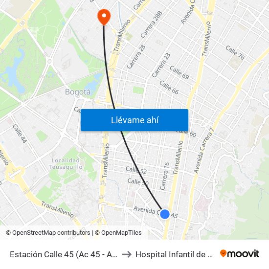 Estación Calle 45 (Ac 45 - Av. Caracas) to Hospital Infantil de San José map